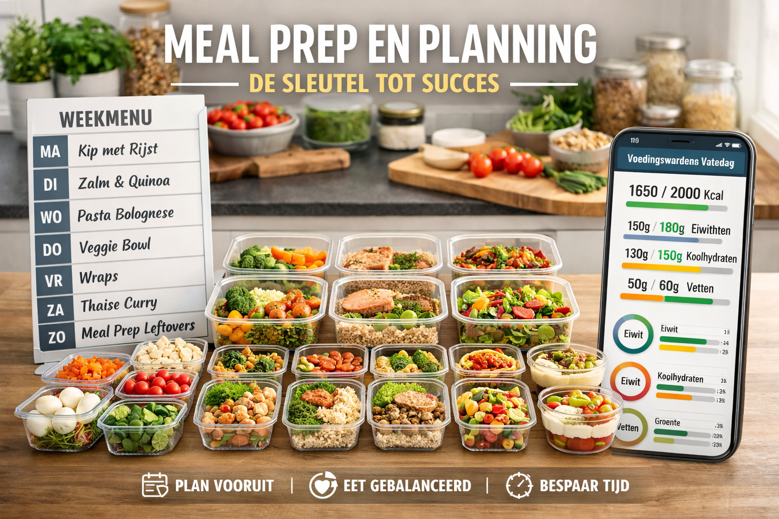 Strategic meal preparation visualization for 'Meal Prep En Planning: De Sleutel Tot Succes' - organized kitchen counter with prepped meals i