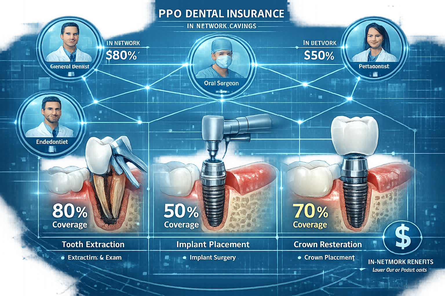 PPO Dental Insurance section: Technical medical visualization showing a dental implant procedure workflow, overlaid with PPO
