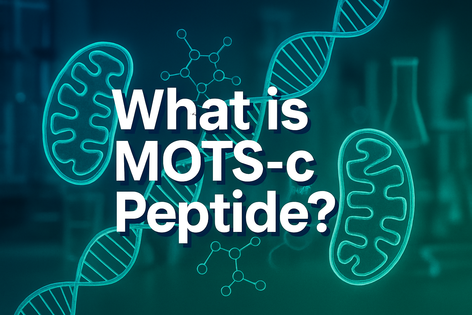 Professional landscape hero image (1536x1024) featuring bold text overlay 'What is MOTS-c Peptide?' in extra large 72pt white sans-serif fon