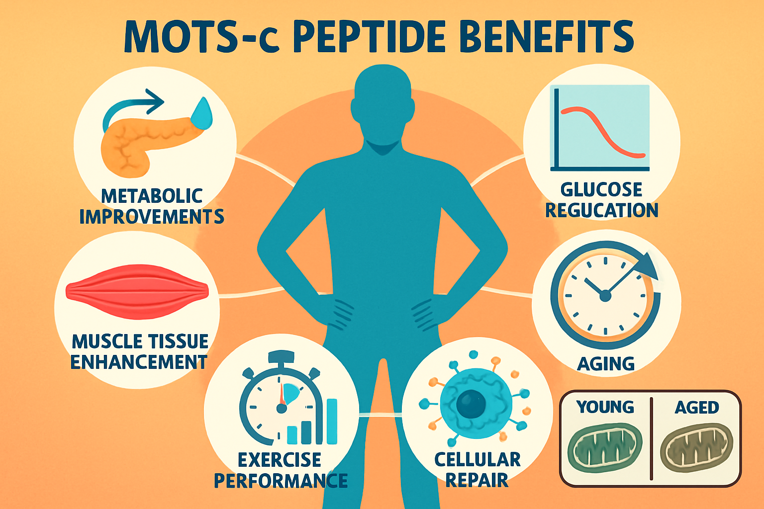 Infographic displaying MOTS-c peptide benefits with human silhouette showing metabolic improvements, glucose regulation charts, muscle tissu