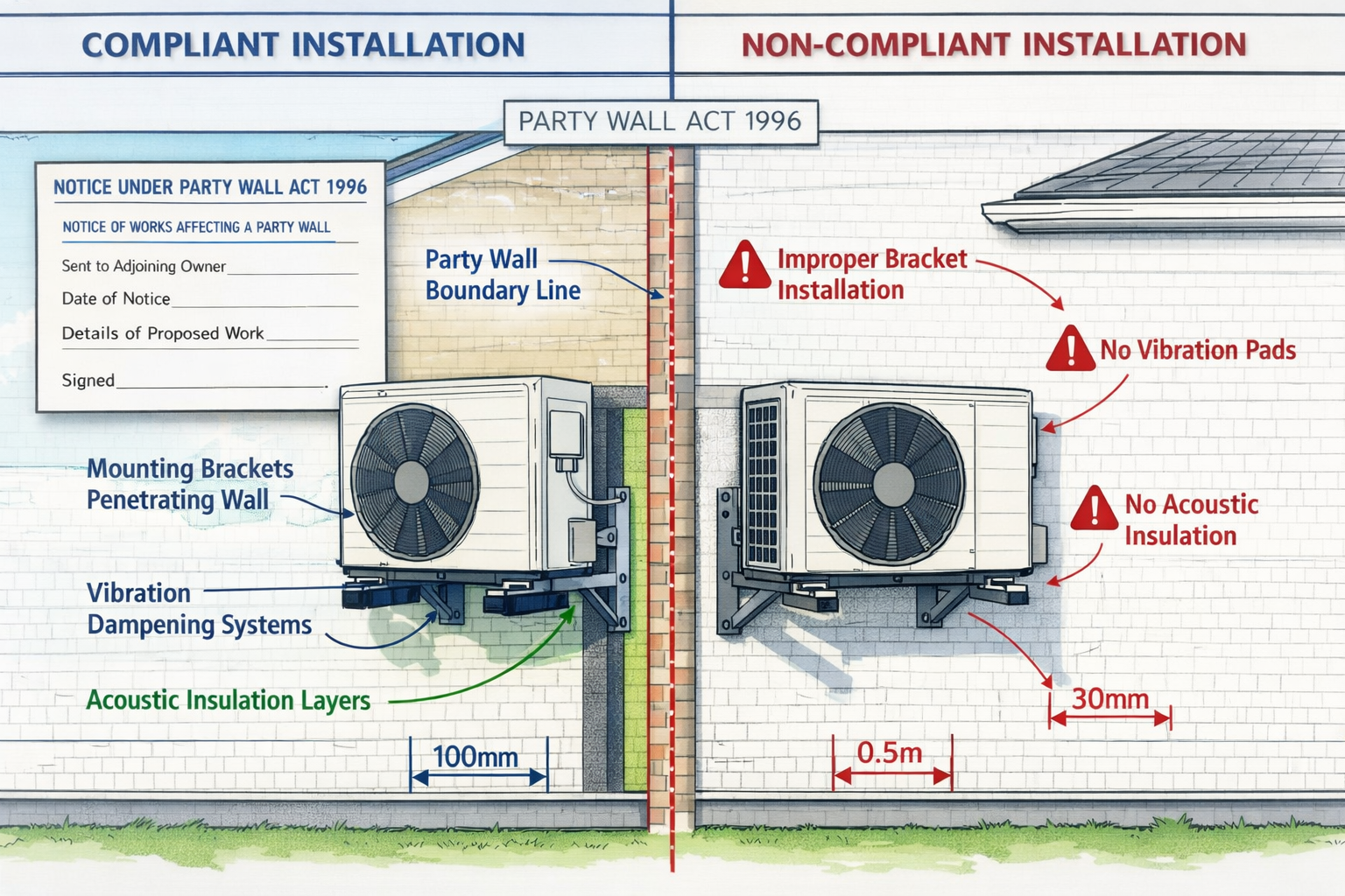 Detailed () technical illustration showing cross-section view of UK terraced house party wall with heat pump unit mounted on