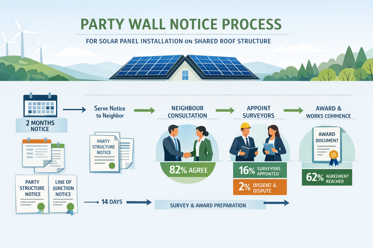 Detailed () infographic-style image showing timeline flowchart of party wall notice process for solar panel installation on