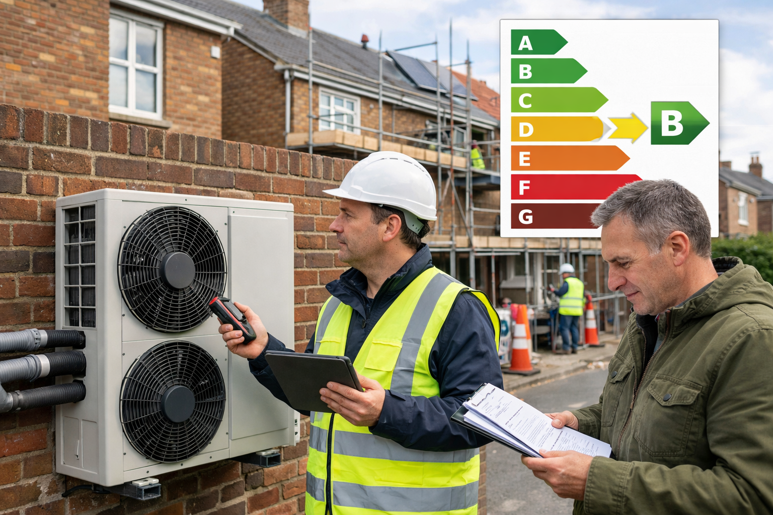 Detailed () photorealistic scene showing professional party wall surveyor conducting inspection of heat pump installation on