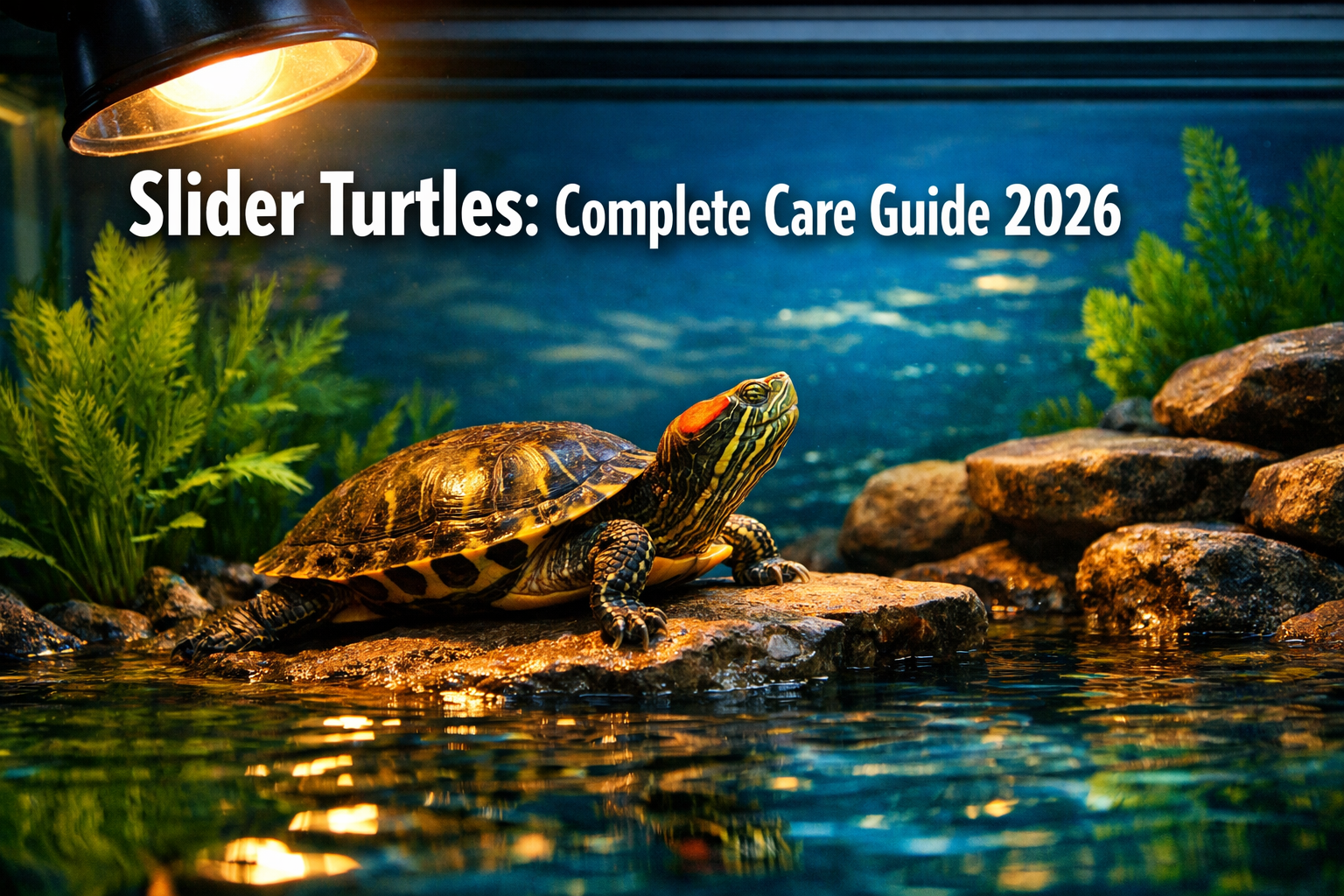 Professional landscape hero image (1536x1024) featuring bold text overlay 'Slider Turtles: Complete Care Guide 2026' in extra large 70pt whi
