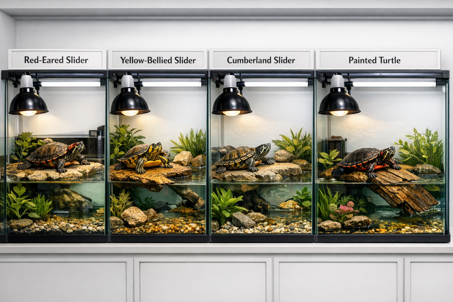 Detailed landscape image (1536x1024) showing various slider turtle species side by side in separate glass tanks, featuring red-eared slider