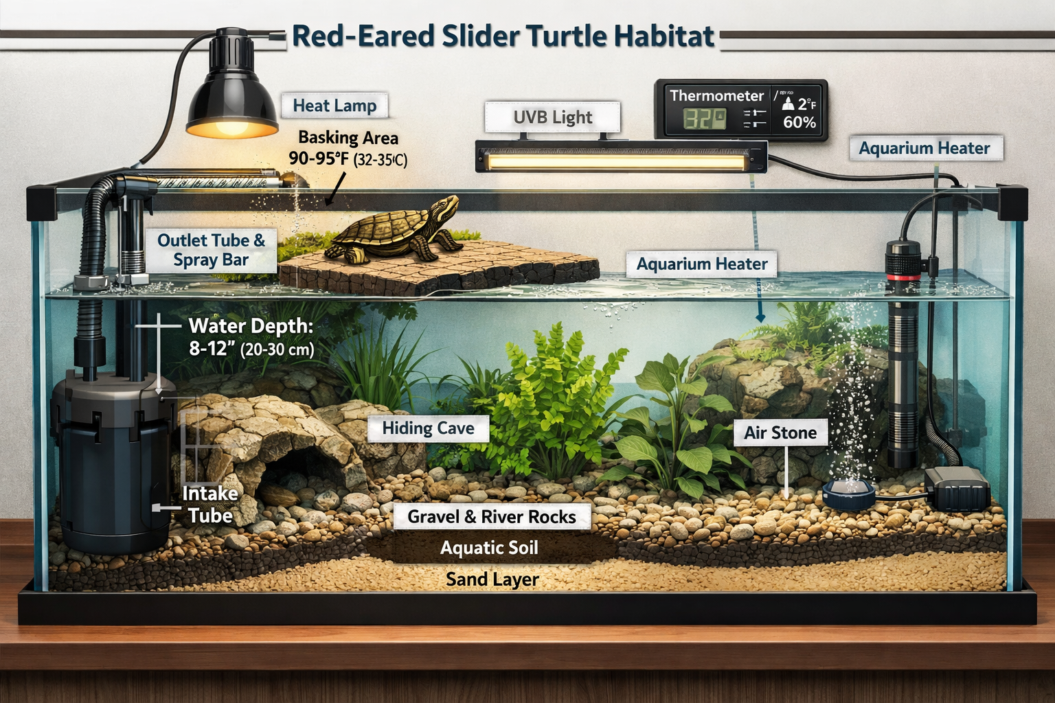 High-quality landscape image (1536x1024) depicting comprehensive slider turtle habitat setup with large glass aquarium, proper filtration sy