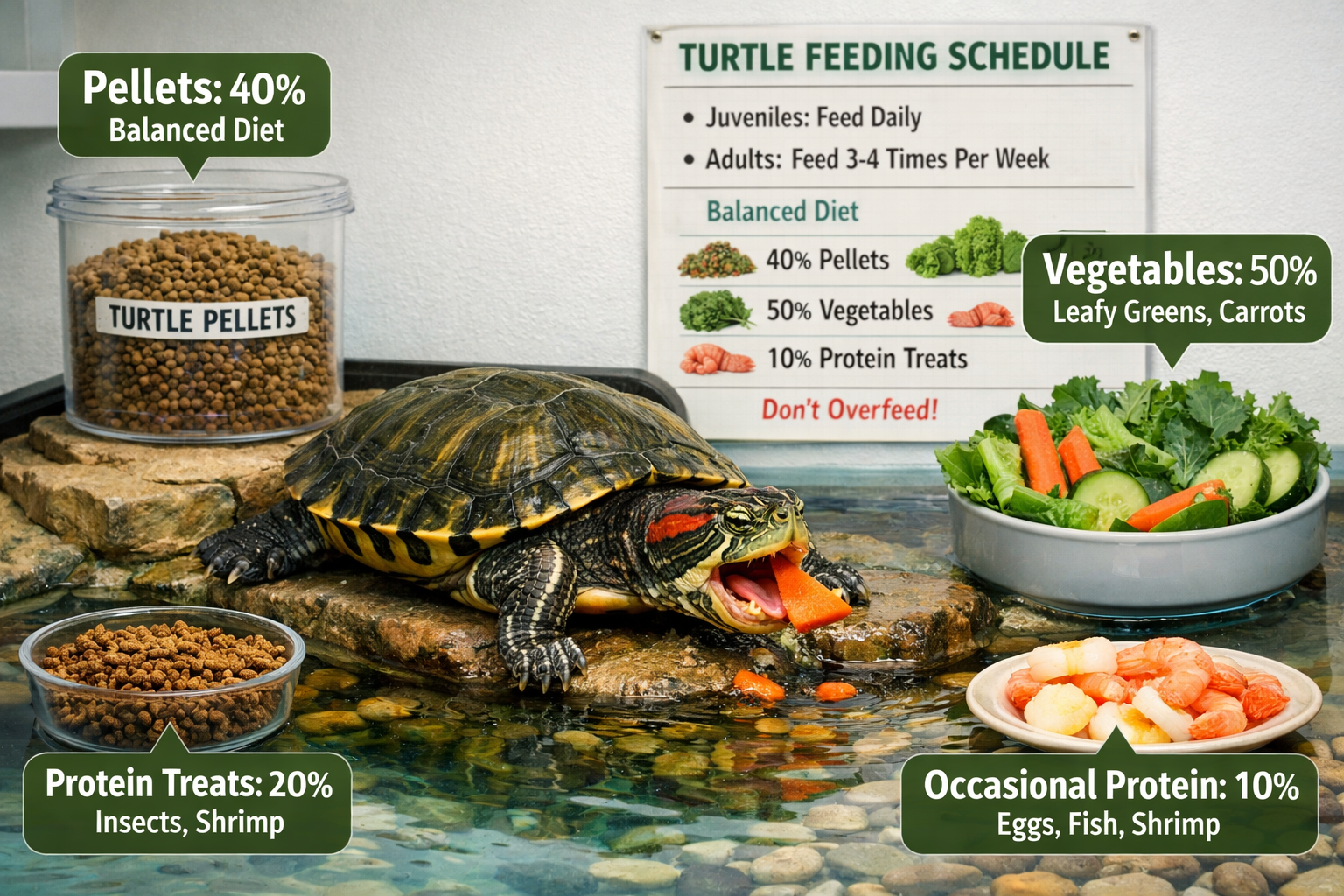 Detailed landscape image (1536x1024) showing slider turtle feeding scene with various food types arranged around tank - commercial pellets,