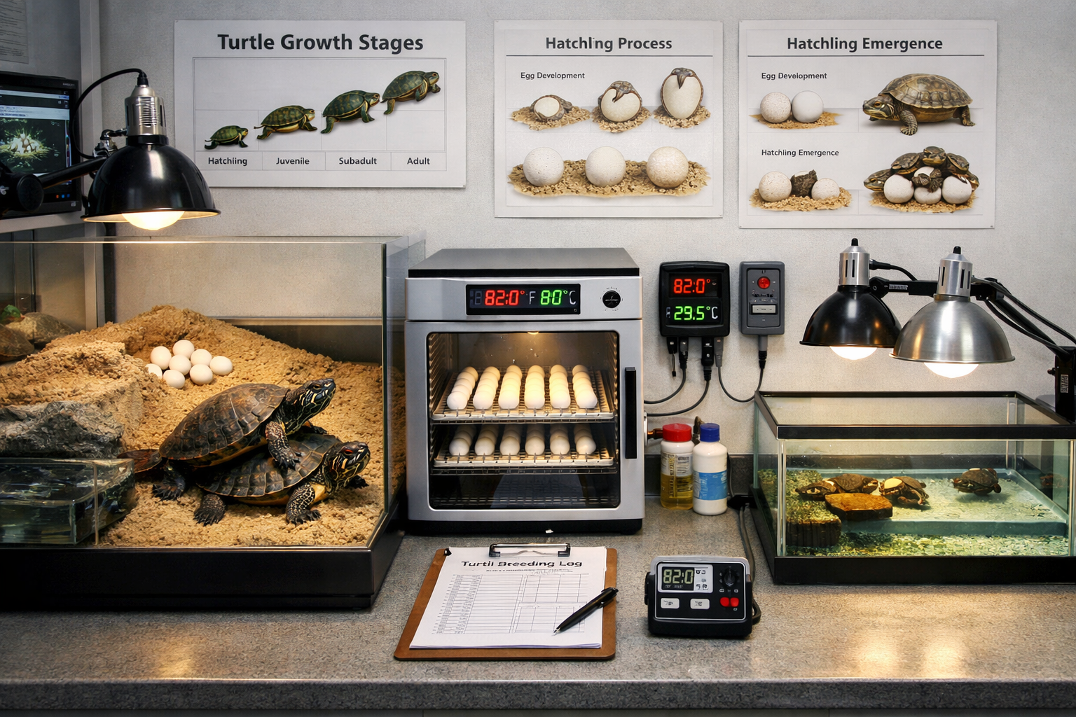 Professional landscape image (1536x1024) featuring slider turtle breeding setup with nesting area, incubation equipment, temperature control