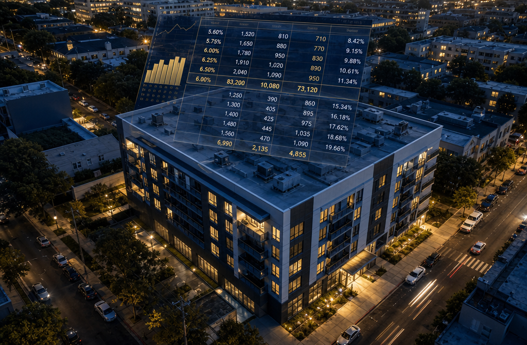 Aerial view of a small multifamily apartment complex with 4-12 units, surrounded by a vibrant urban neighborhood, with a
