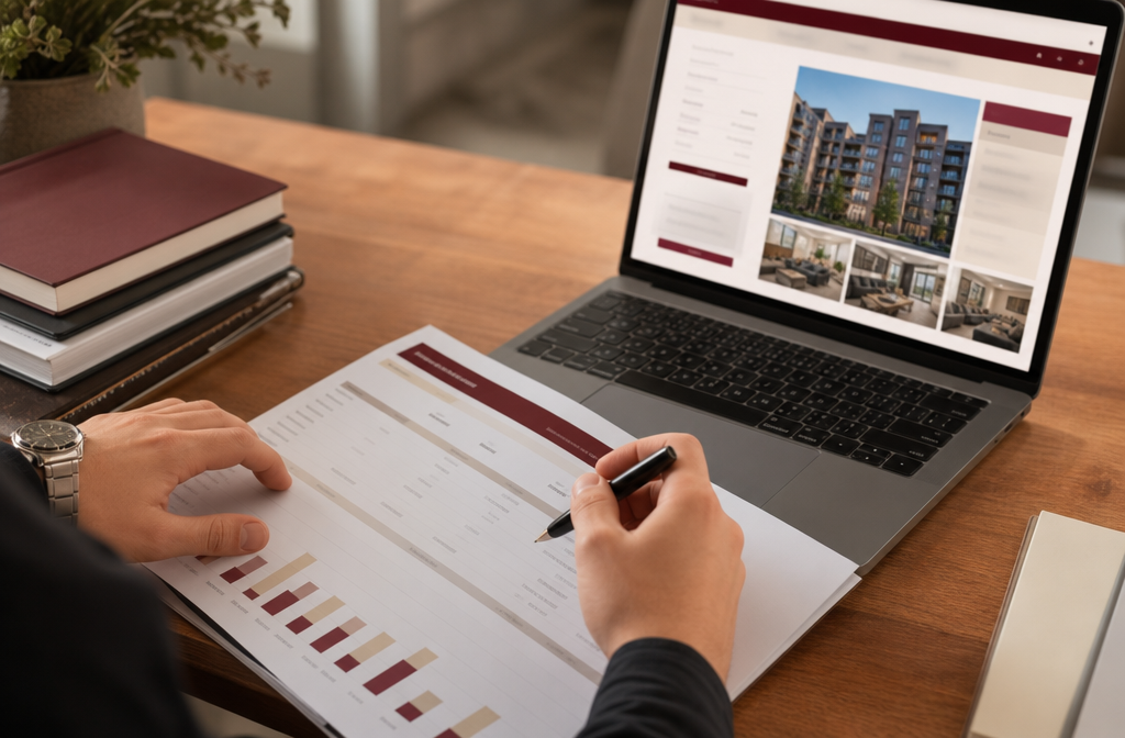 Close-up of two hands on a wooden desk, one holding a pen over a multifamily property analysis worksheet showing gross rent