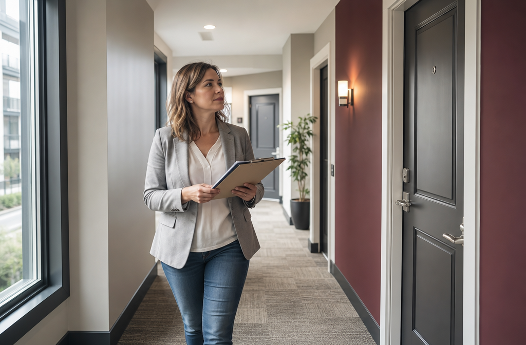 Wide-angle interior shot of a property manager walking through a clean, clipboard in hand, maintenance checklist partially