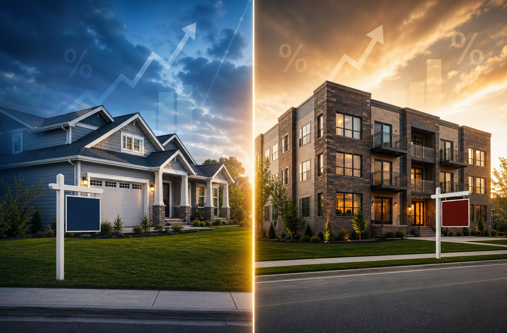Split-scene landscape image showing on the left a single-family suburban home with a for-sale sign, and on the right a small