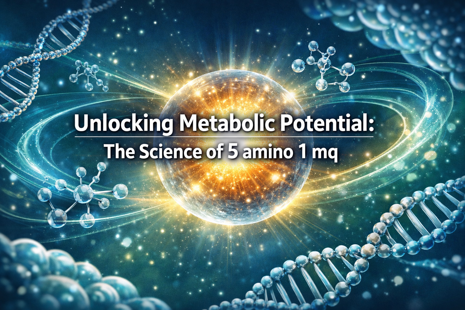 Professional landscape hero image (1536x1024) with bold text overlay: 'Unlocking Metabolic Potential: The Science of 5 amino 1 mq', modern s