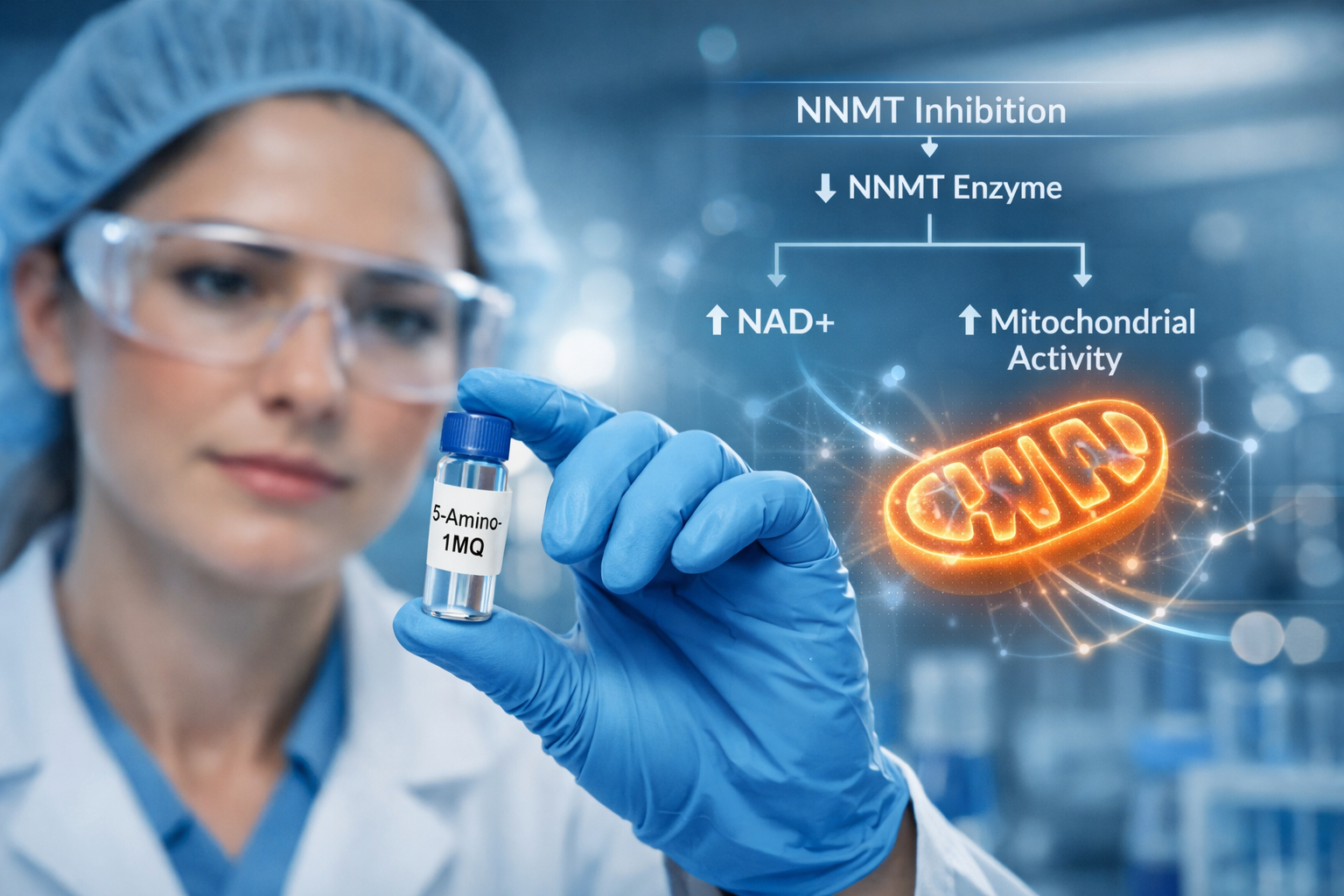 A detailed editorial-quality image depicting a scientist in a modern, clean laboratory setting, holding a vial labeled '5-Amino-1MQ'. The ba