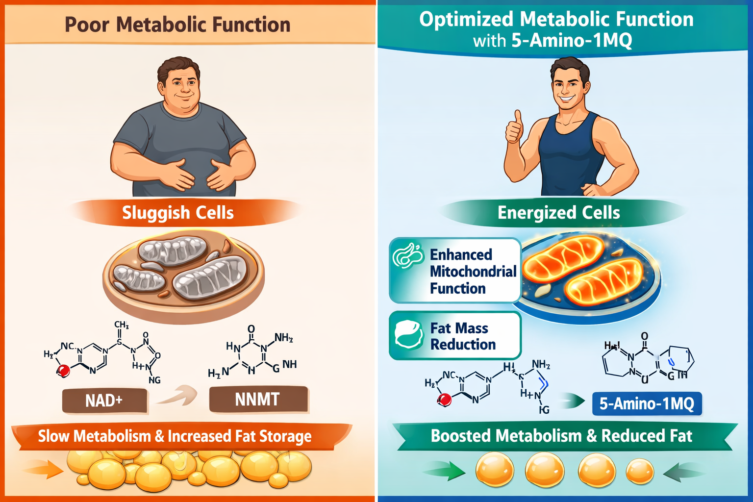 An illustrative graphic contrasting two hypothetical metabolic states: one showing an individual struggling with metabolic issues (represent