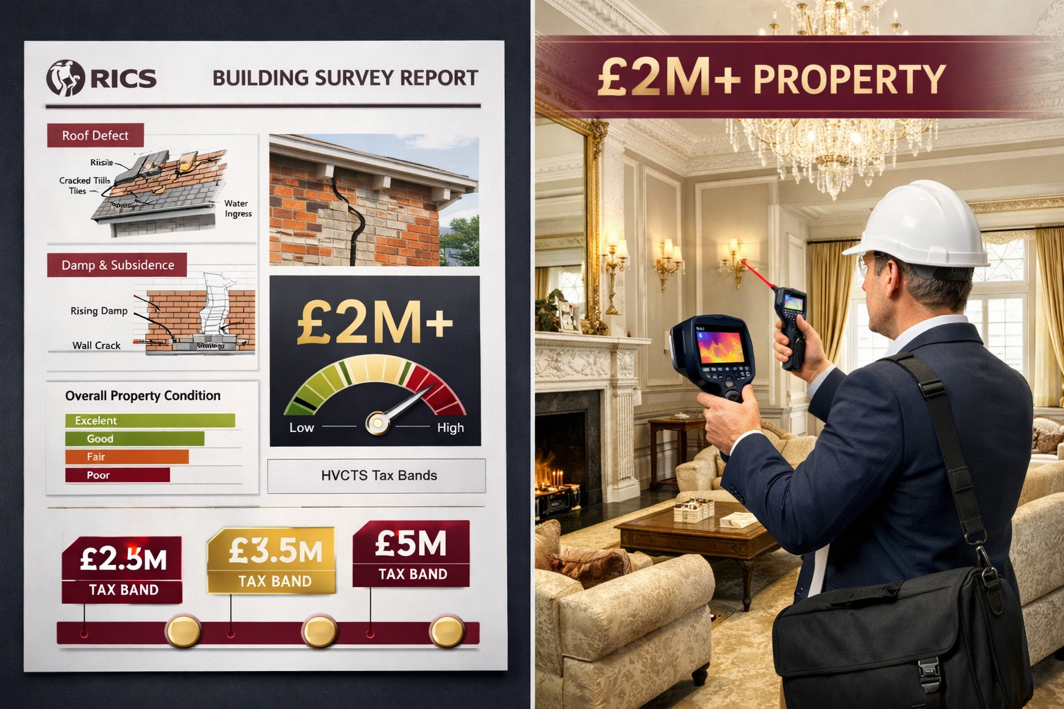 () editorial image showing split-screen composition: left side displays detailed RICS building survey report with structural
