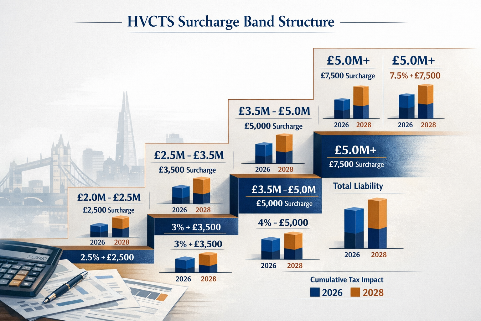 () detailed infographic illustration displaying HVCTS surcharge band structure as ascending staircase diagram with five