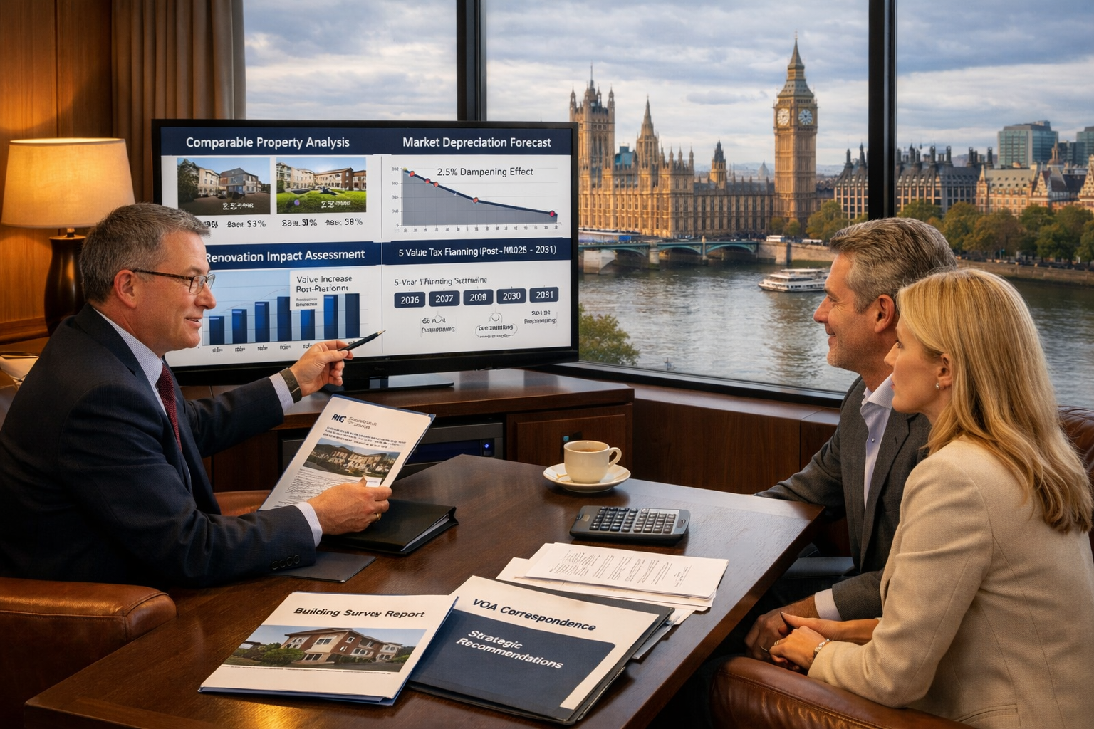 () professional scene showing luxury property valuation consultation: RICS chartered surveyor presenting detailed valuation