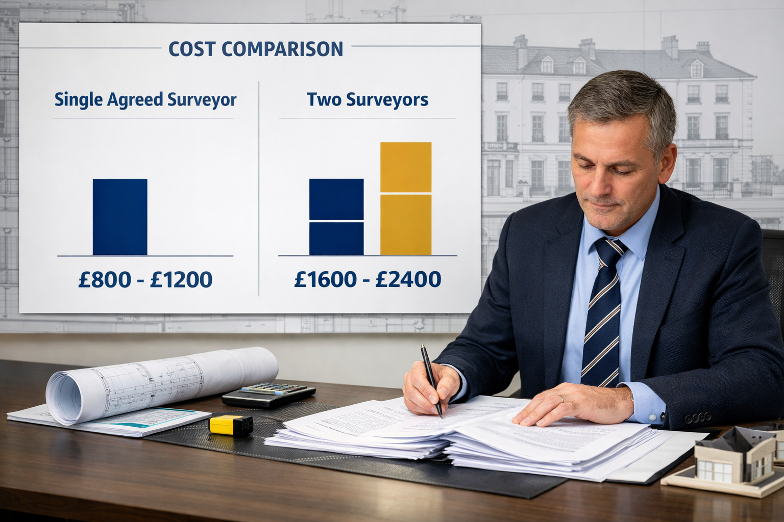 Wide-angle editorial photograph of a single agreed surveyor in professional attire sitting at a modern desk reviewing party