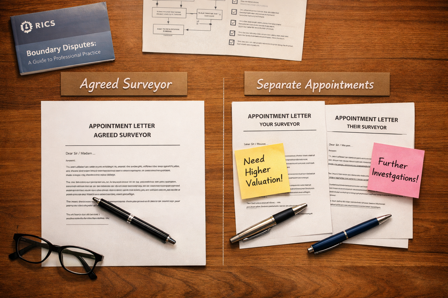 Overhead flat-lay composition showing two sets of surveyor appointment letters side by side on a wooden desk, one marked