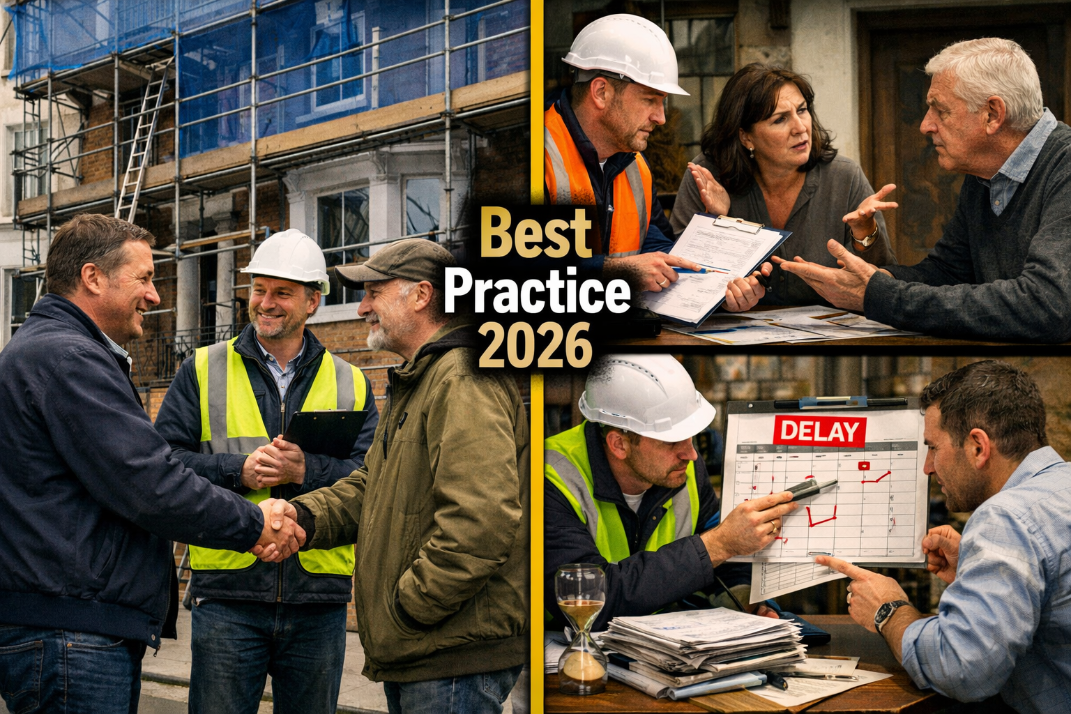 Split-scene landscape image showing left side: a calm handshake between building owner and neighbour with a single surveyor