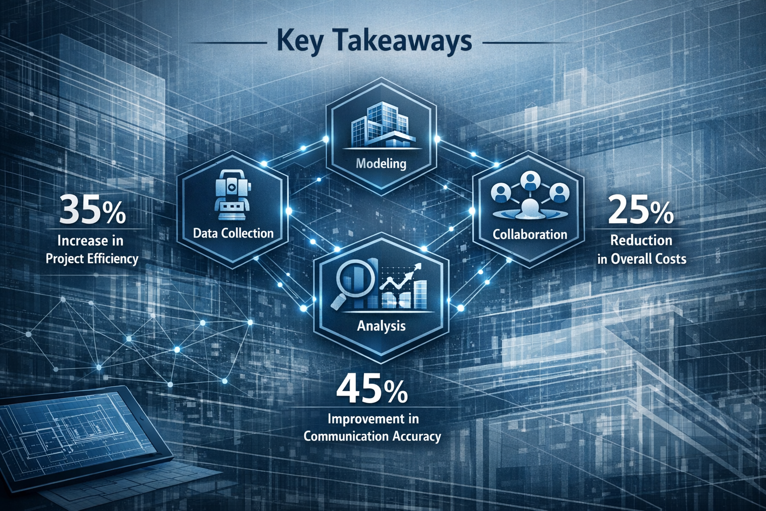 Key Takeaways section infographic featuring a modern architectural blueprint background with overlapping transparent digital layers. Central