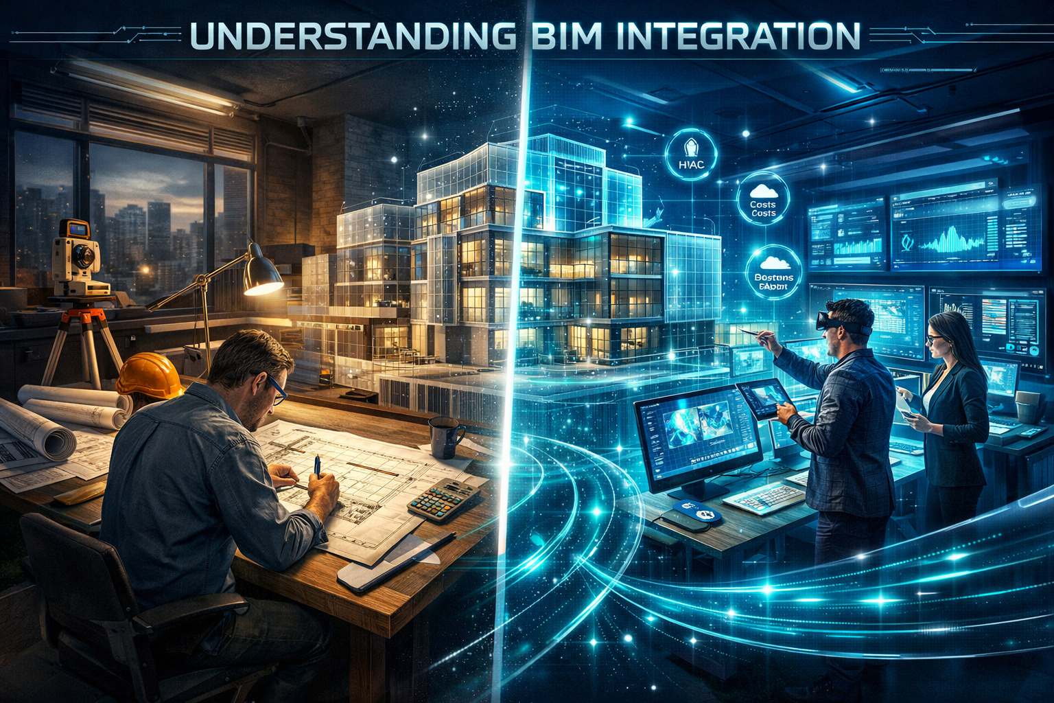 Understanding BIM Integration visual representation featuring a split-screen architectural rendering. Left side shows traditional 2D paper-b