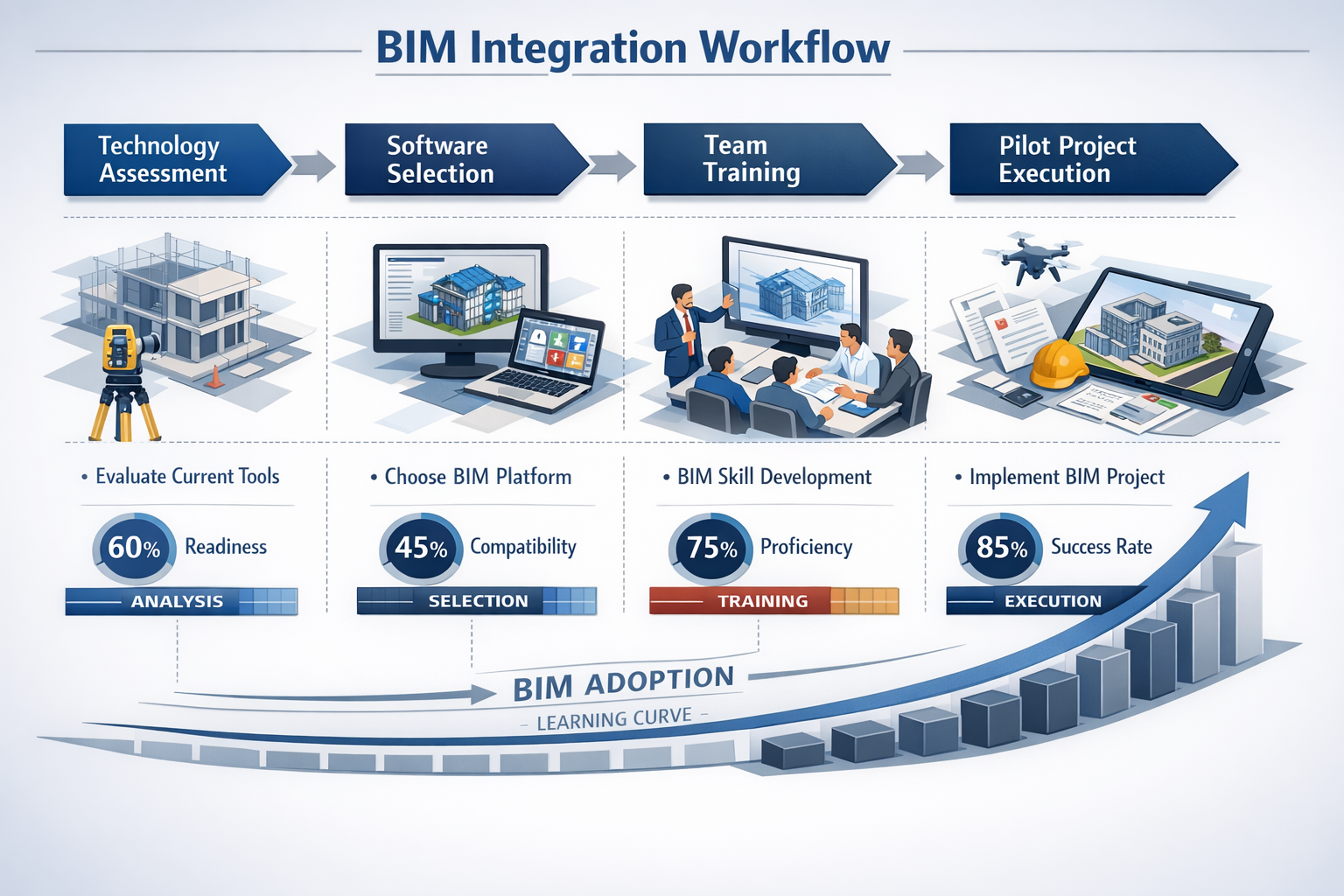 Implementing BIM Integration step-by-step workflow diagram with isometric architectural elements. Flowchart-style progression showing system