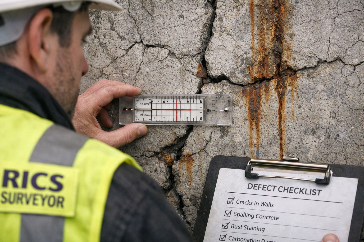 Close-up forensic inspection photograph style image showing a RICS chartered surveyor in hi-vis vest using a crack monitor