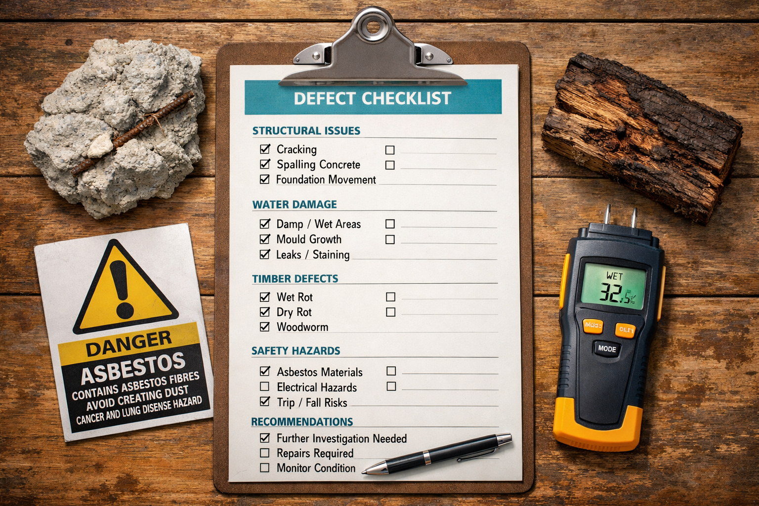 Flat-lay infographic style image showing a structured defect checklist on a clipboard surrounded by physical evidence
