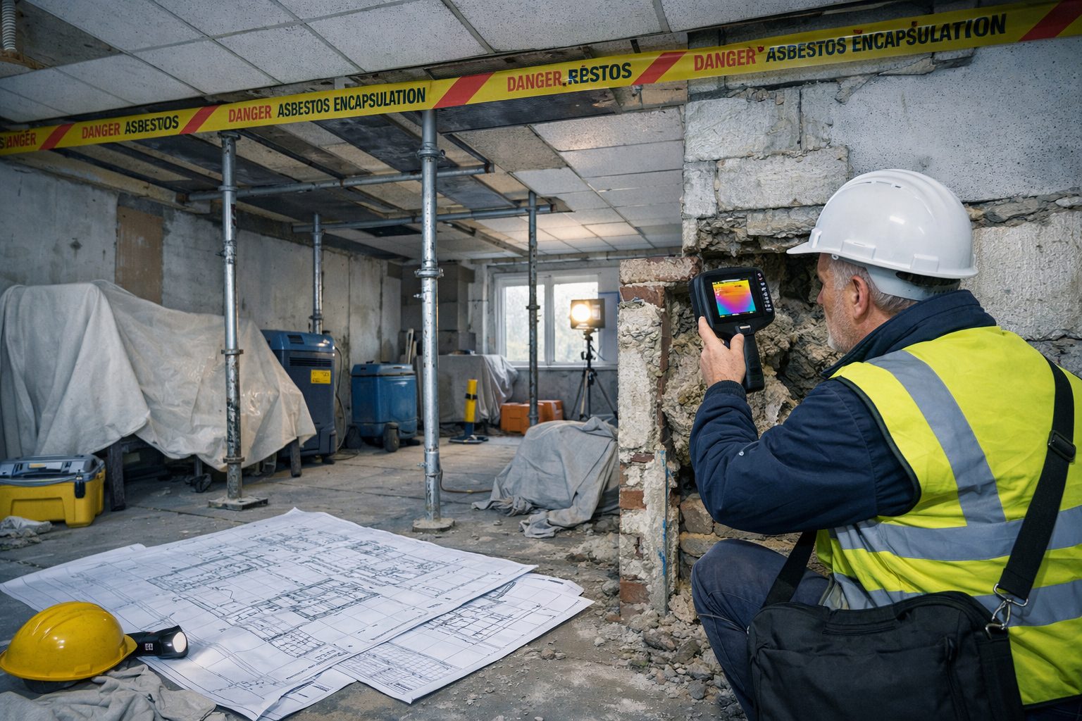 Wide-angle interior shot of a 1970s concrete frame property undergoing RICS Level 3 building survey remediation assessment.