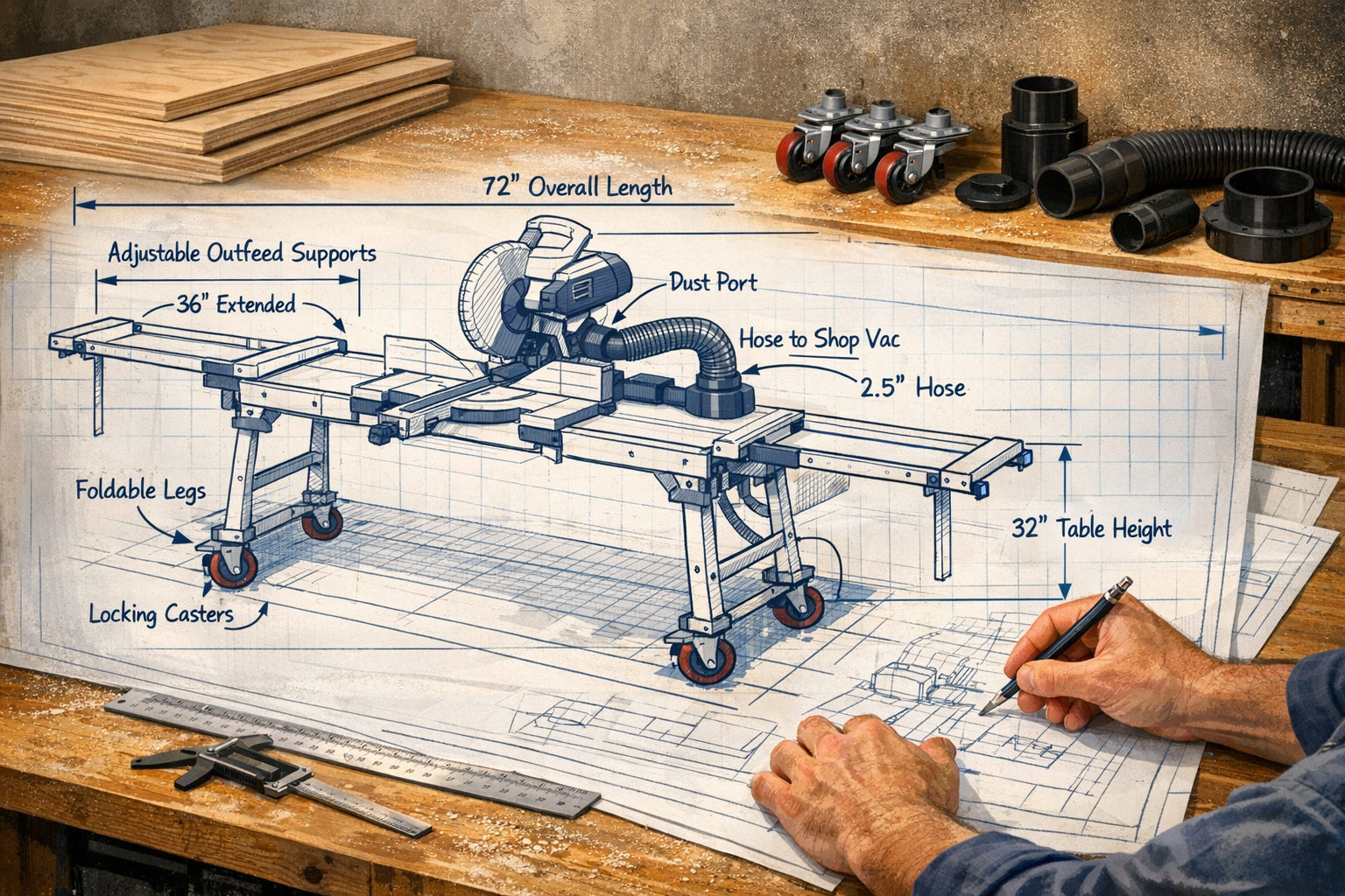 A detailed () image illustrating the design phase for a portable miter saw stand. A technical drawing of the stand is