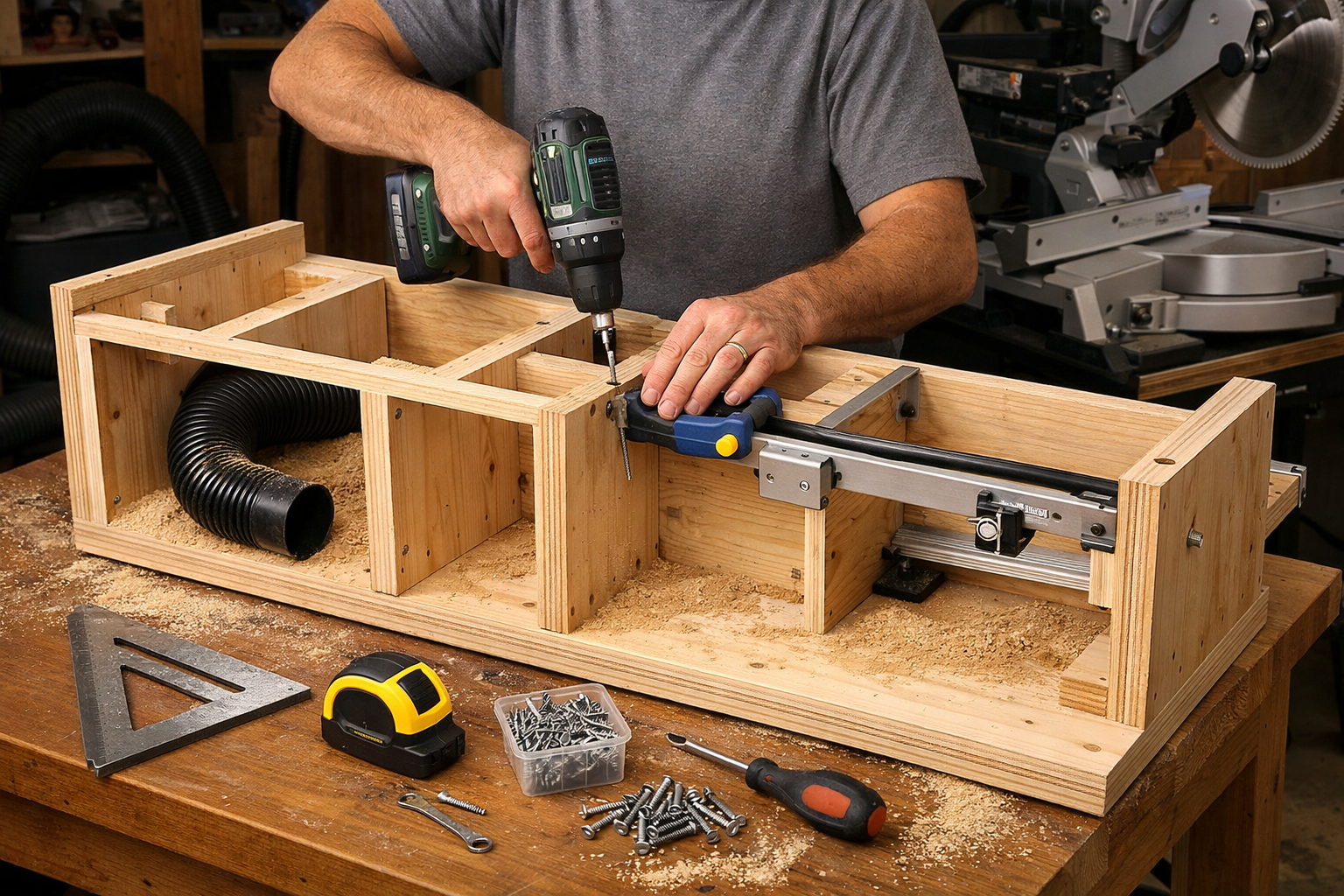 A detailed () image showcasing the construction of the portable miter saw stand. A craftsman is precisely assembling the