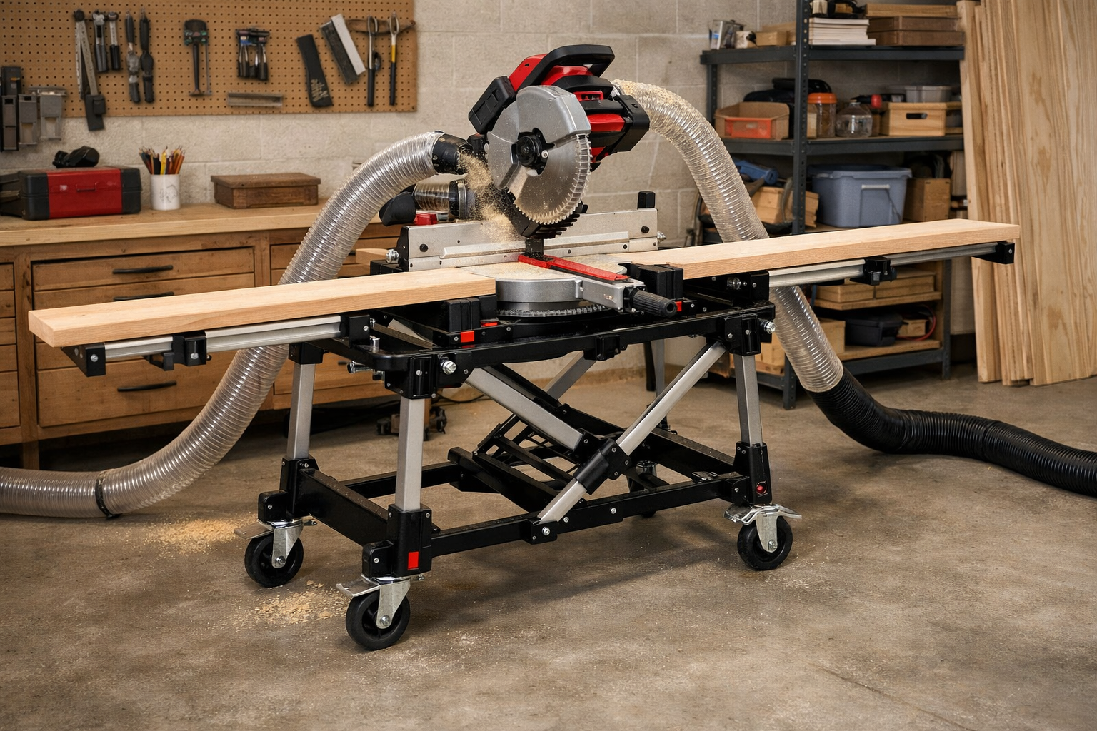 A detailed () image presenting the fully assembled and functional portable miter saw stand in a small workshop setting. A