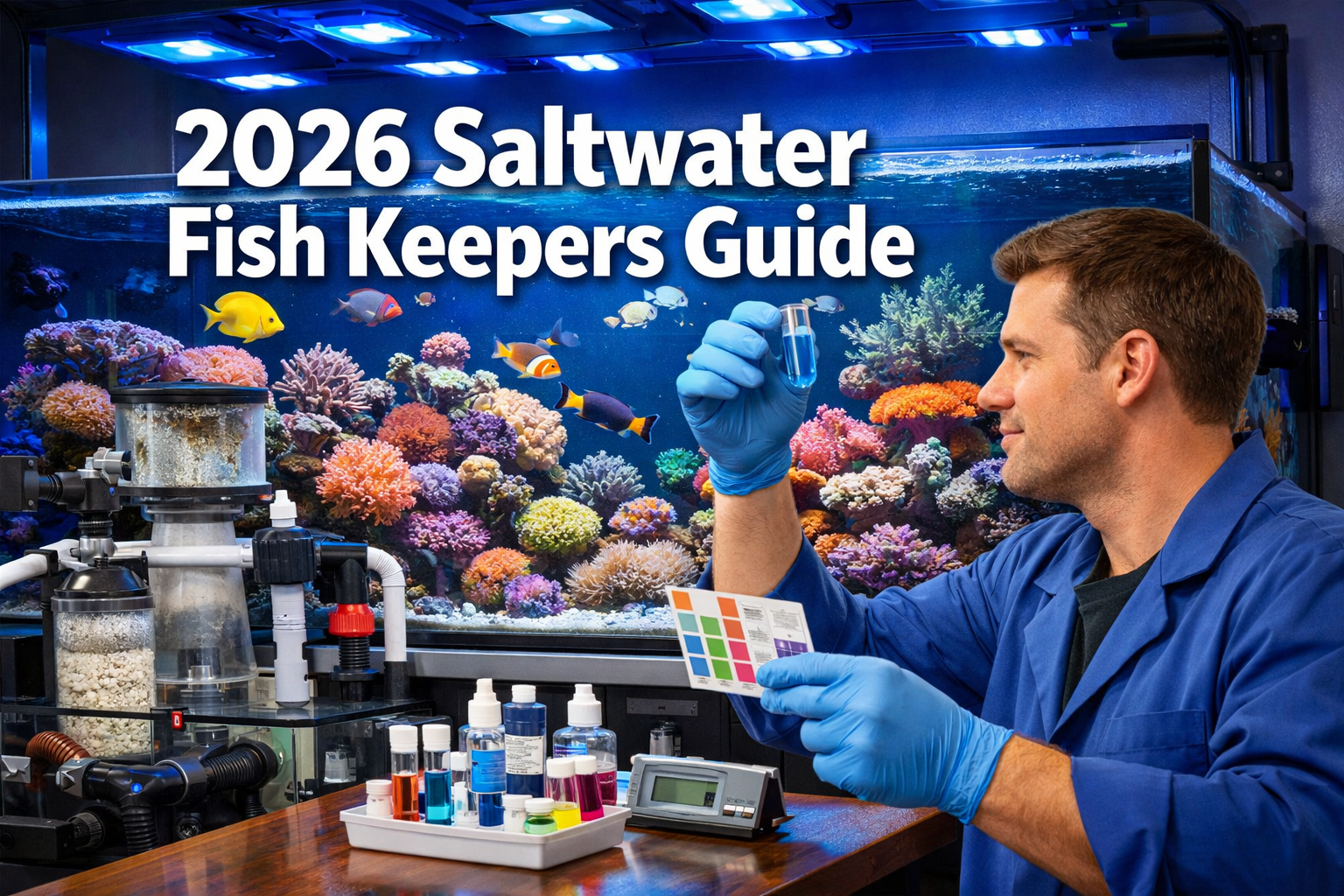 Professional landscape hero image (1536x1024) featuring bold text overlay '2026 Saltwater Fish Keepers Guide' in extra large 72pt white sans