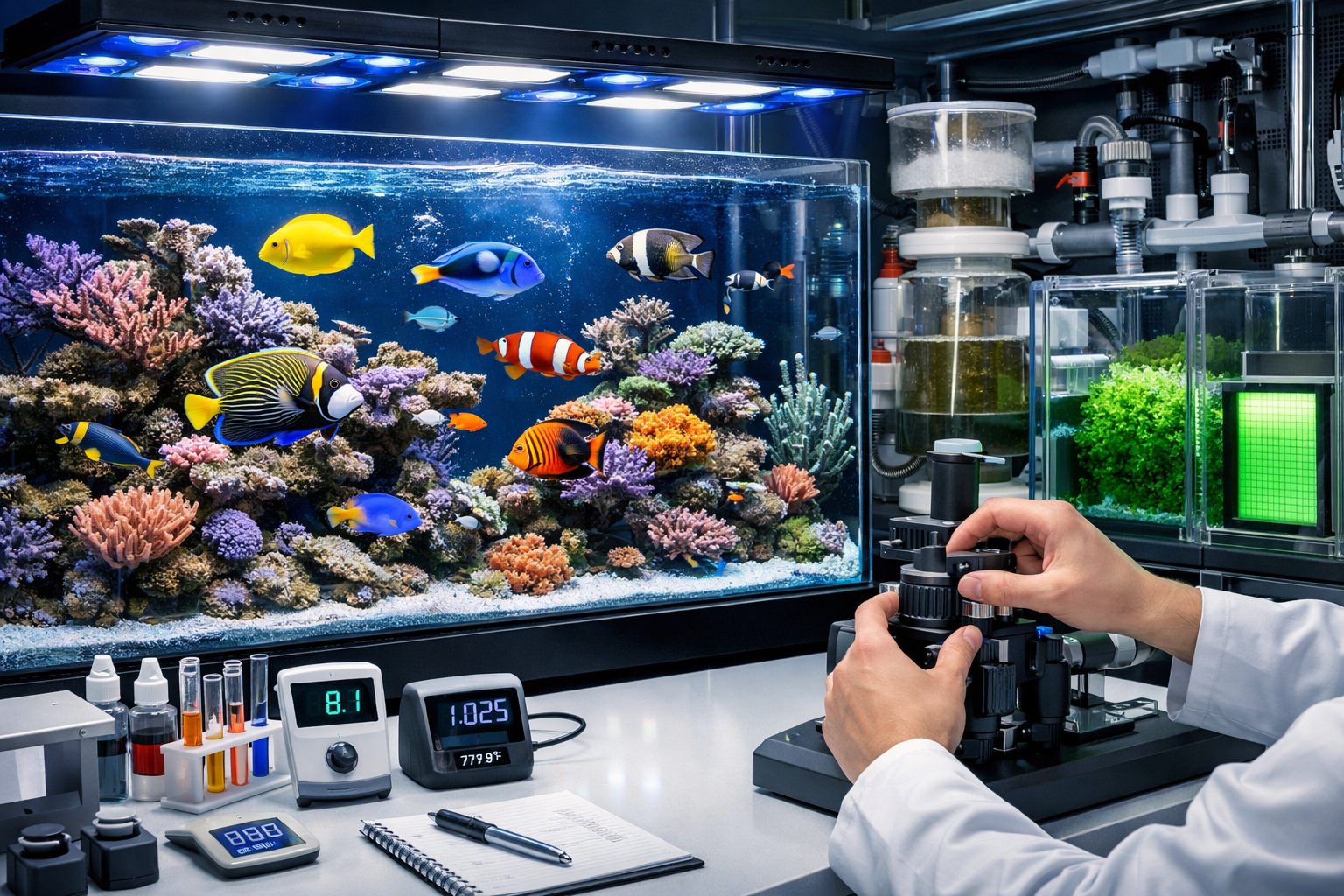 Detailed landscape image (1536x1024) showing modern saltwater aquarium setup with advanced LED lighting system casting blue and white spectr