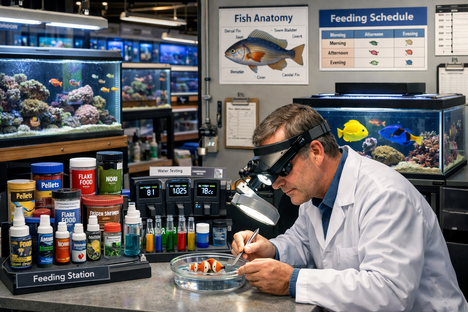 Professional landscape image (1536x1024) displaying comprehensive marine fish care setup including feeding station with various fish foods, 
