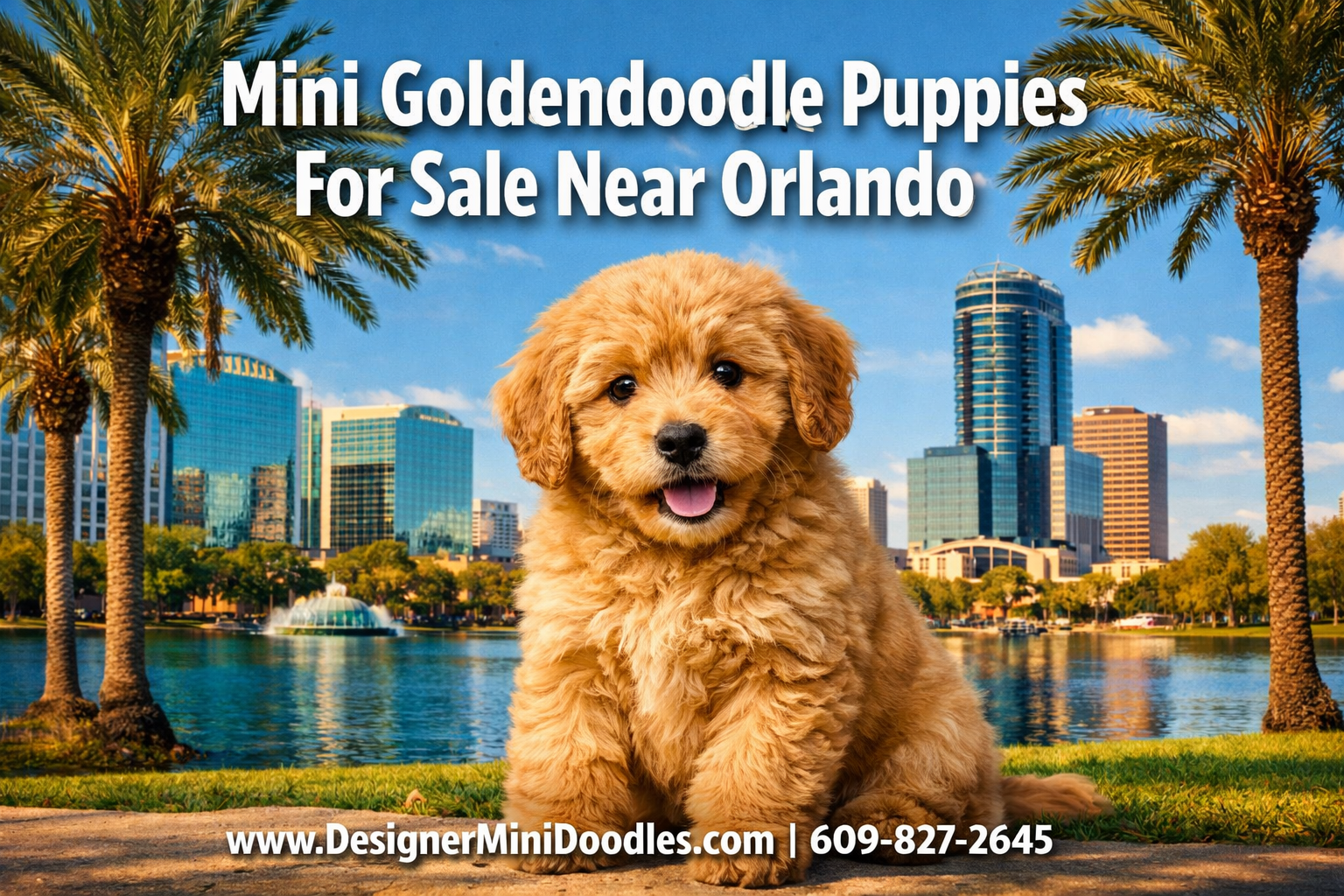 Professional () hero image with : 'Mini Goldendoodle Puppies For Sale Near Orlando' in extra large white with deep effect,