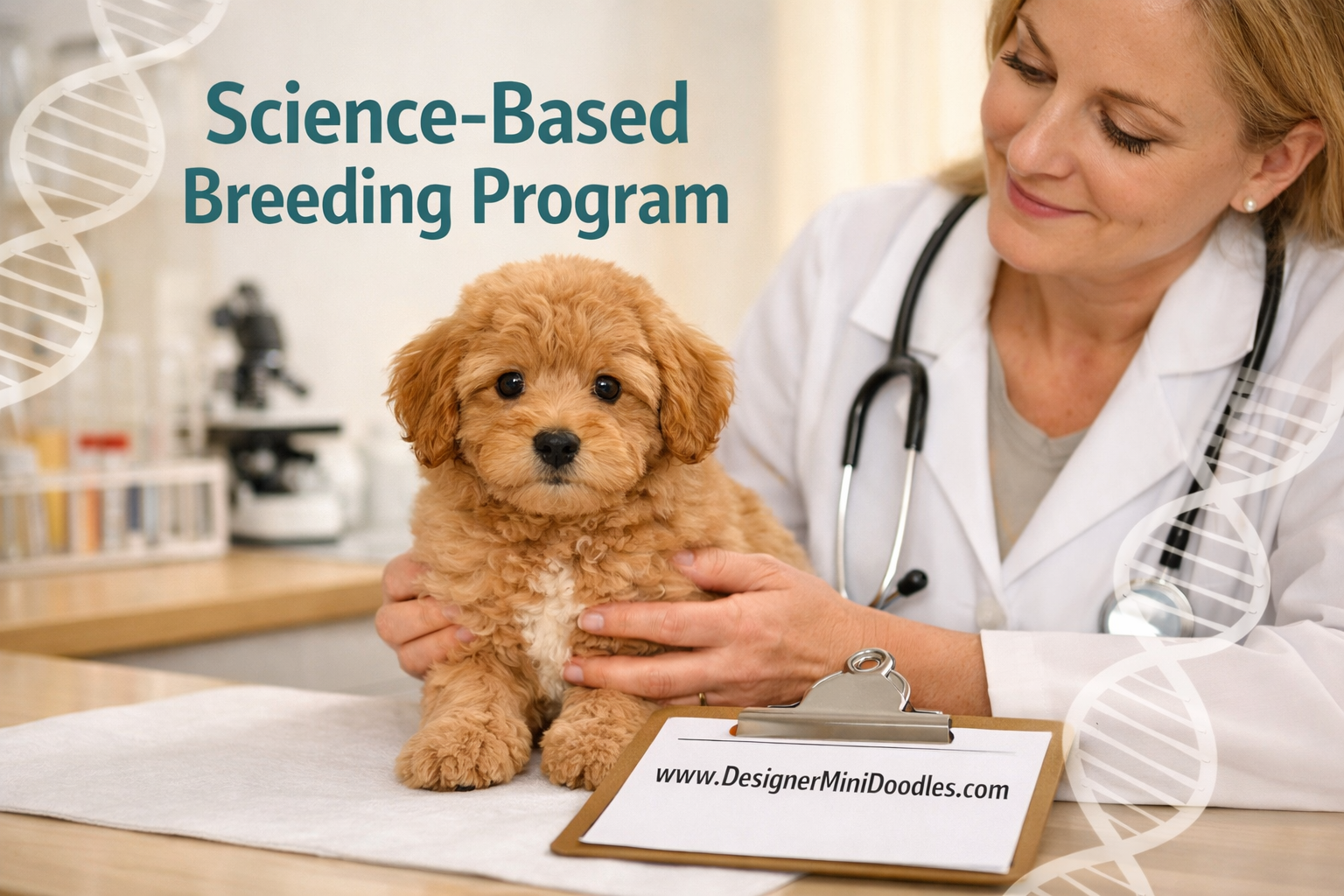 () editorial image showing a professional animal biology laboratory setting with DNA helix graphics overlaid, a credentialed