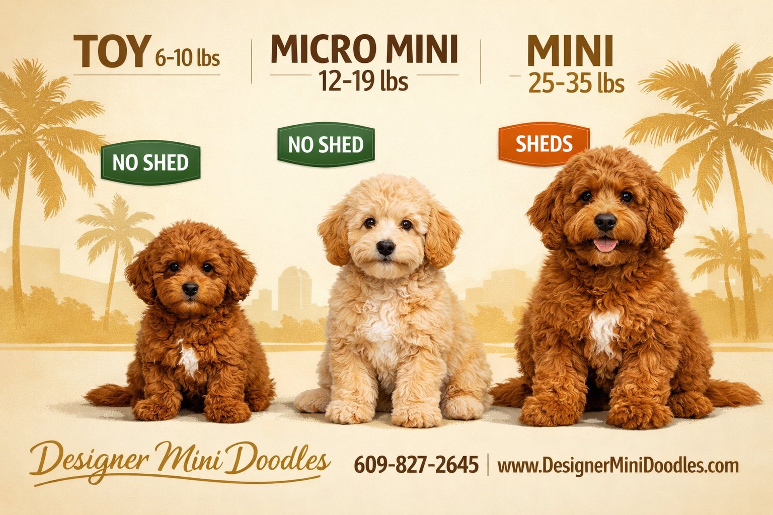 () infographic-style image showing three fluffy goldendoodle puppies of different sizes side by side labeled 'Toy 6-10 lbs',