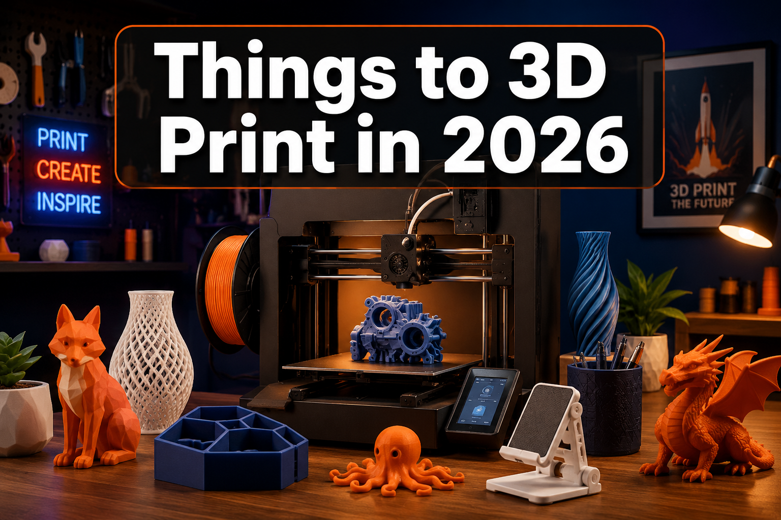 Professional () hero image featuring 'Things to 3D Print in 2026' in extra large white with dark and semi-transparent box,