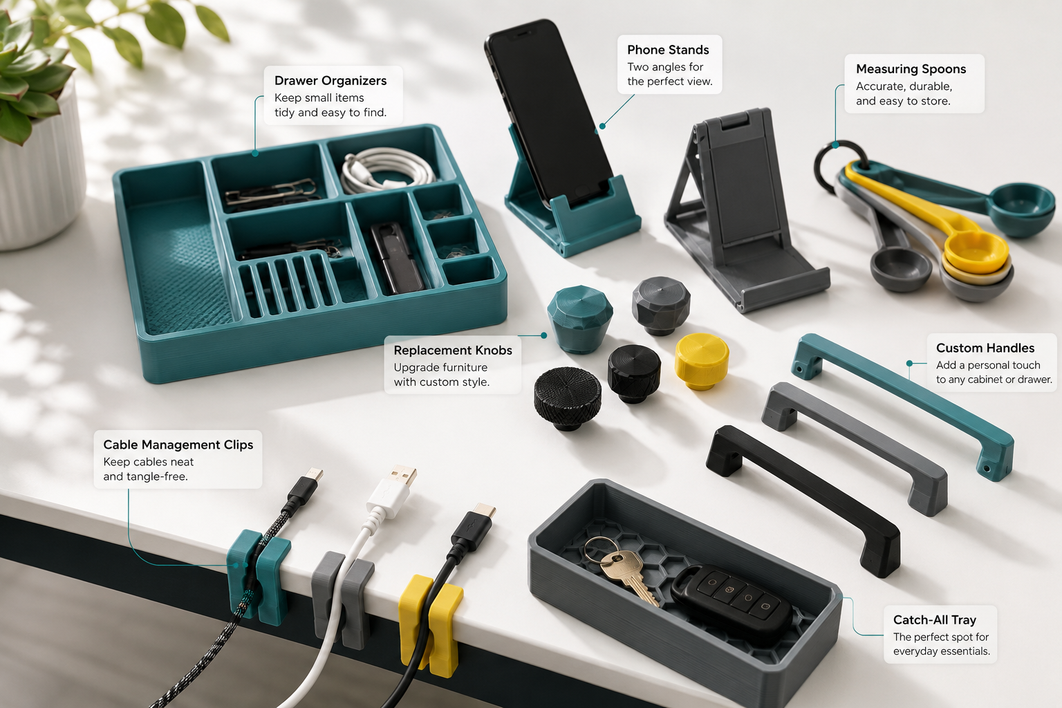 () editorial image showing a flat lay composition of practical household 3D printed items arranged on a clean white surface.