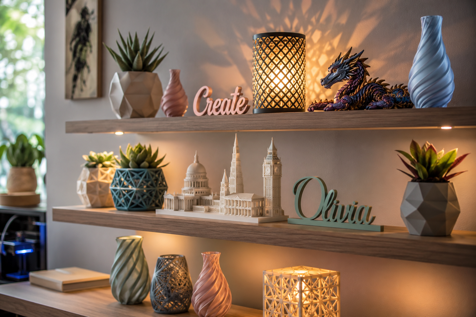 () detailed scene showing creative and decorative 3D printed objects displayed on modern floating shelves against a