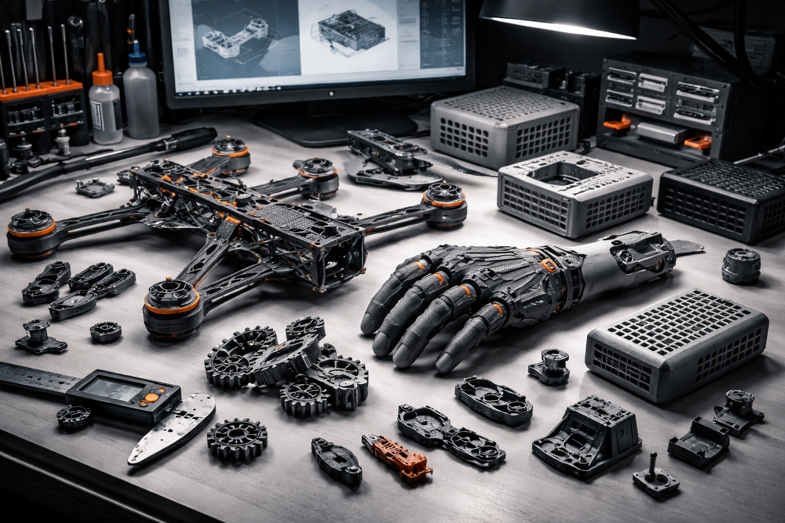 () technical workshop scene showing advanced functional 3D printed items on a workbench with tools and measurement