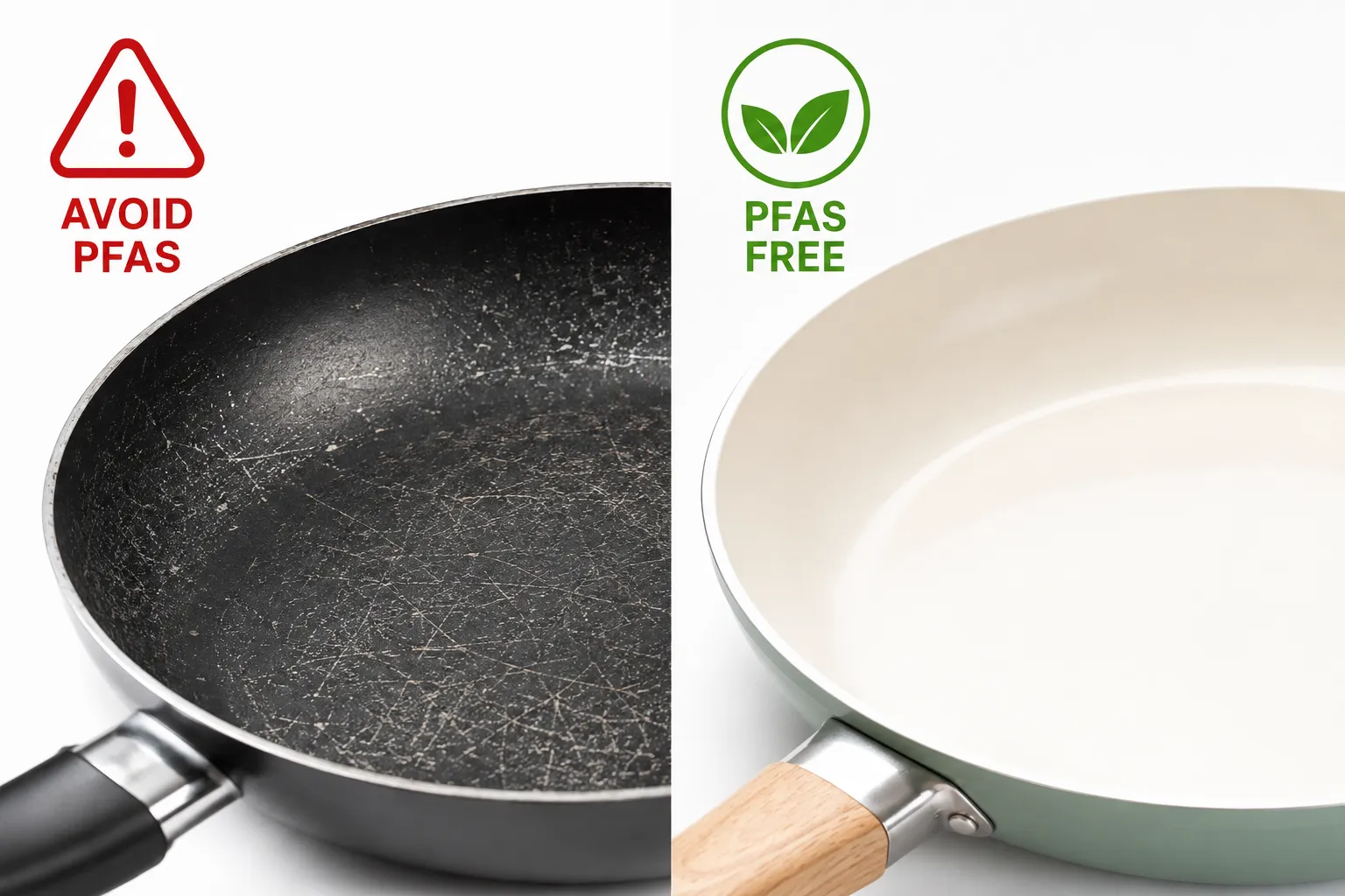 Split-screen editorial image (1536x1024): left half shows a close-up of a PTFE nonstick pan surface with a subtle red warning icon overlay (1-2 words: 'Avoid PFAS'), right half shows a gleaming ceramic nonstick pan surface with green leaf icon (1-2 words: 'PFAS Free'). Bright studio lighting, high contrast, clean white background on both halves, sharp product photography, modern sans-serif labels, health and safety theme, magazine quality. Our Place Cast Iron Always Pan: A Non-Toxic Classic Reimagined