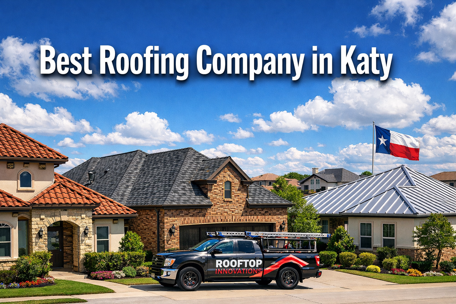 Professional landscape hero image (1536x1024) featuring bold text overlay 'Best Roofing Company in Katy' in extra large 72pt white sans-seri