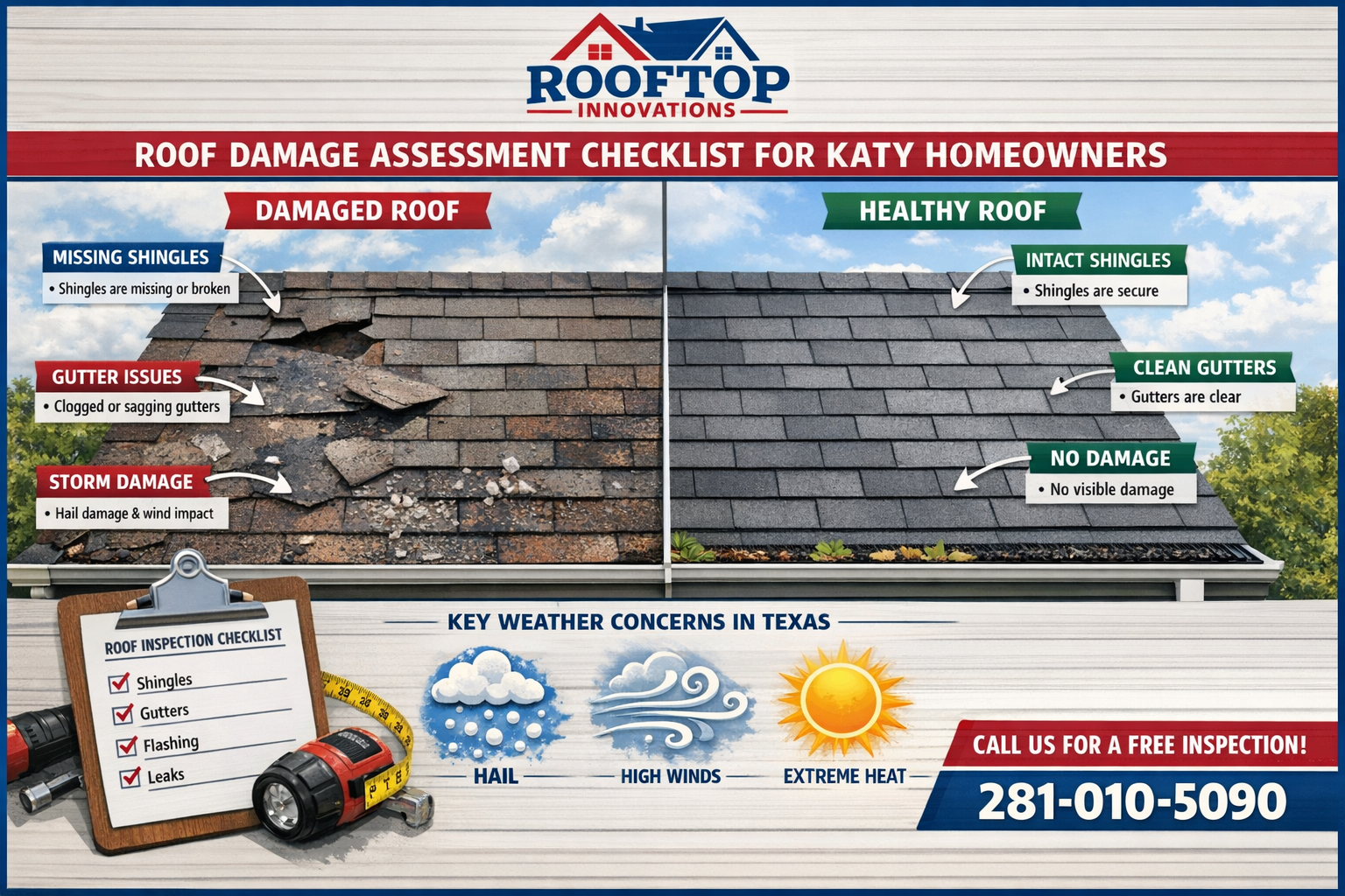 Detailed infographic showing roof damage assessment checklist for Katy homeowners, featuring split-screen comparison of damaged vs healthy r