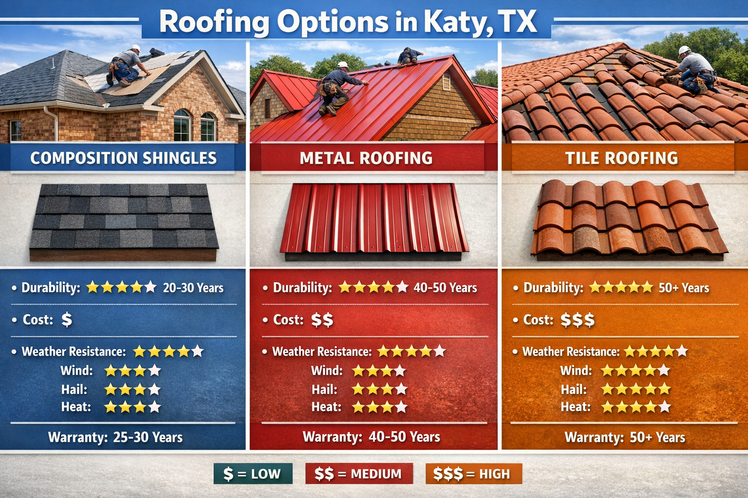 Comprehensive visual comparison chart displaying different roofing material options available in Katy TX, showing composition shingles, meta