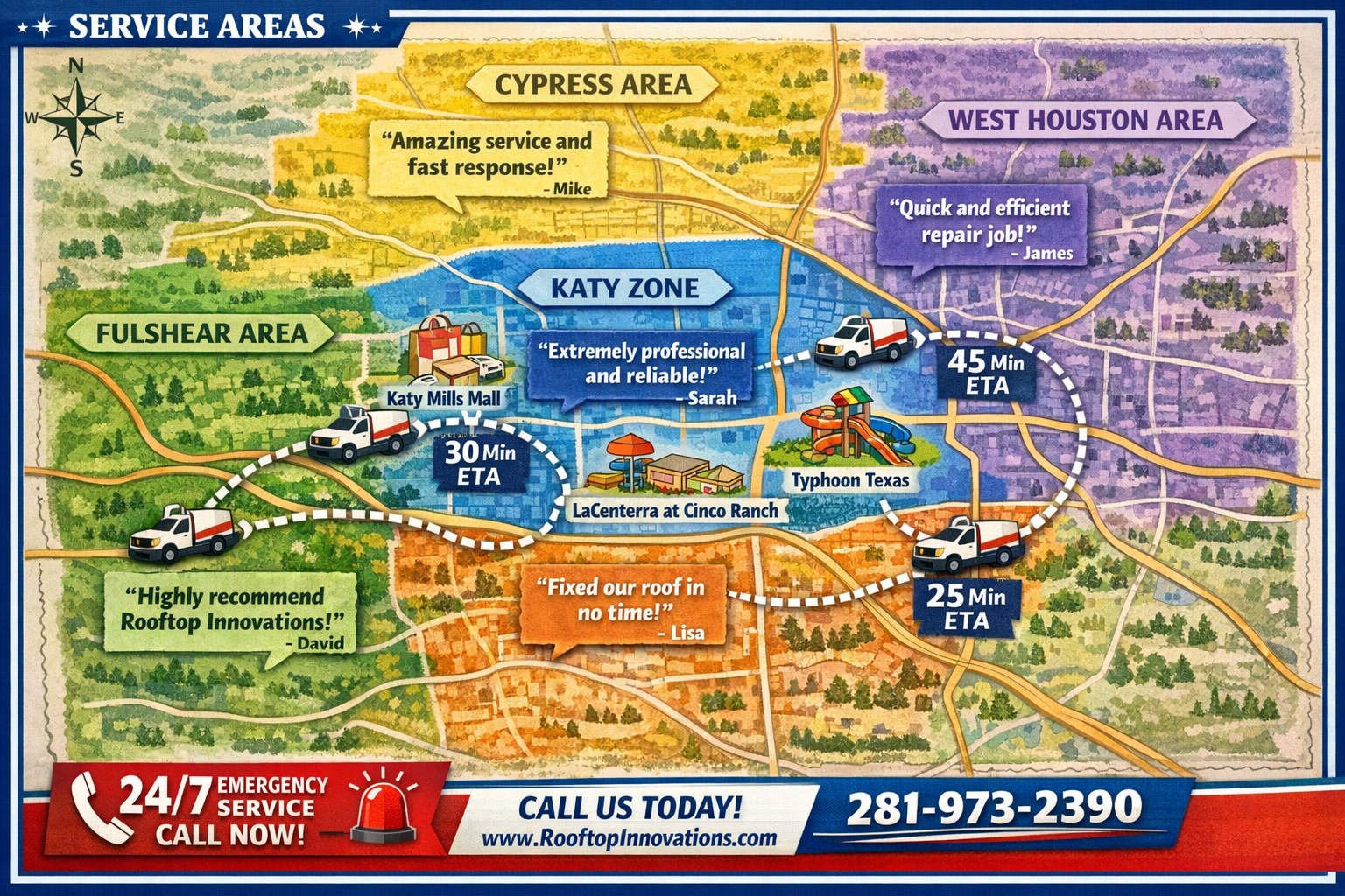 Interactive service area map of Katy Texas and surrounding communities, featuring Rooftop Innovations service zones highlighted in different