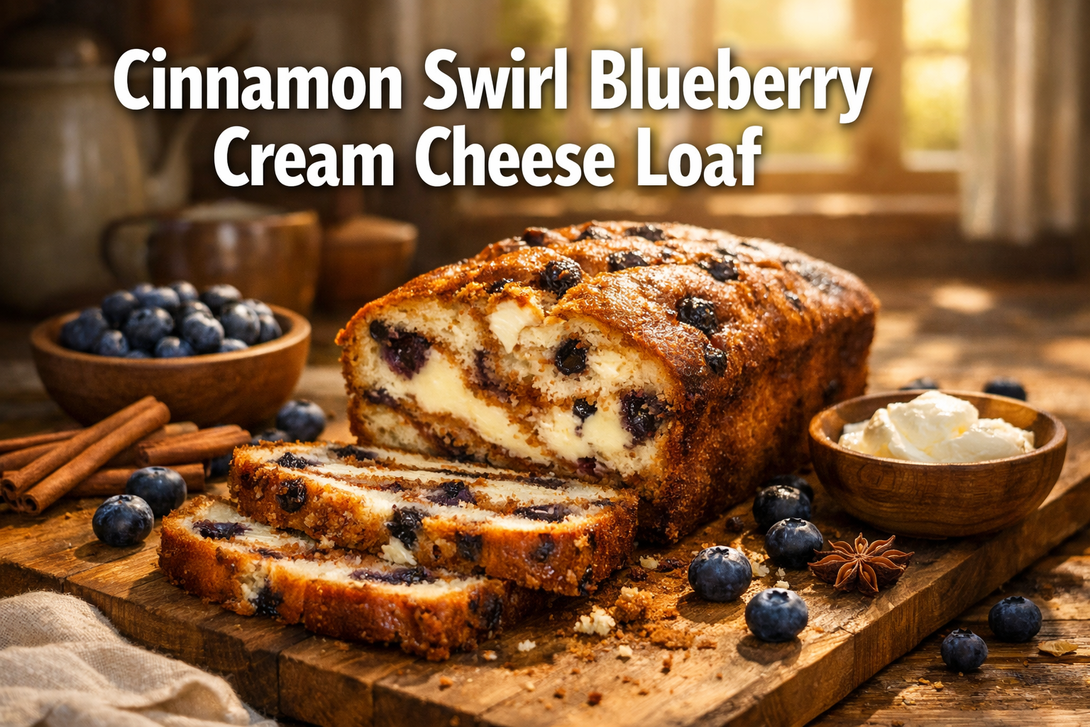 Professional landscape hero image (1536x1024) featuring bold text overlay 'Cinnamon Swirl Blueberry Cream Cheese Loaf' in extra large 72pt w